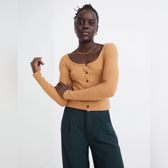 Madewell | Ribbed Cardigan Crop Tee Scoop Neck Button Down Size Medium Classic - Picture 1 of 10